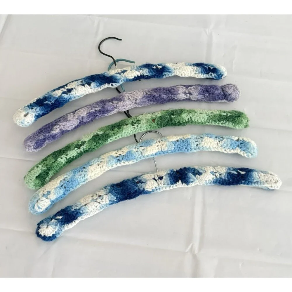 Vtg LOT OF 5 Crocheted Wooden Yarn Covered Clothes Hangers Multi Colored Granny